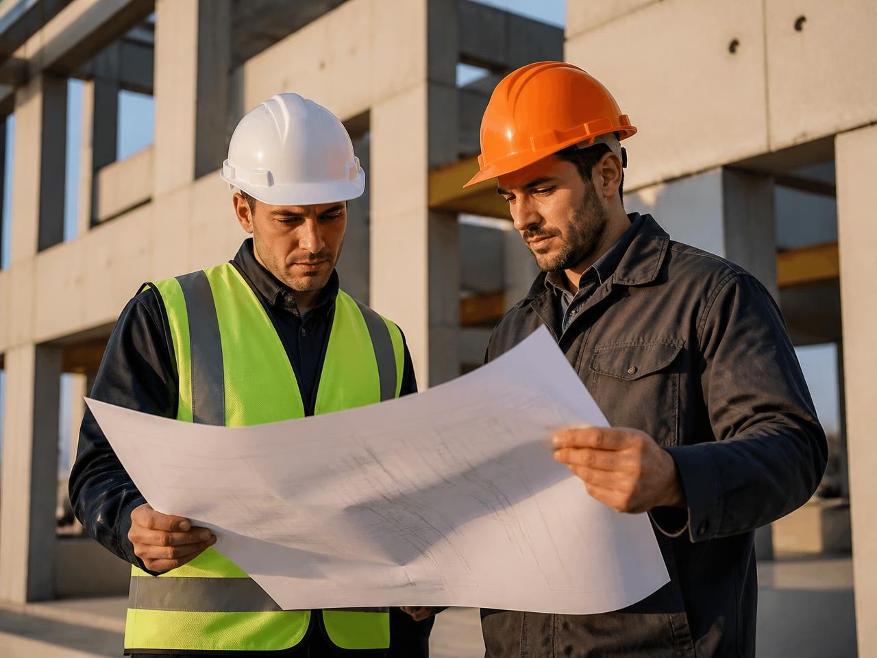 Engenheiros da Pré12 analisando a planta de um pavilhão