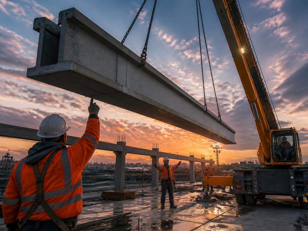 Montagem de viga de concreto pré-moldado com guindaste